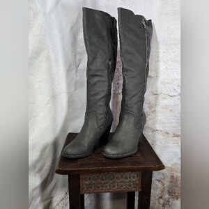 Unworn, Box Kept, Smooth Finish Gray Zippered, Heeled, Calf High Boots, Size 9